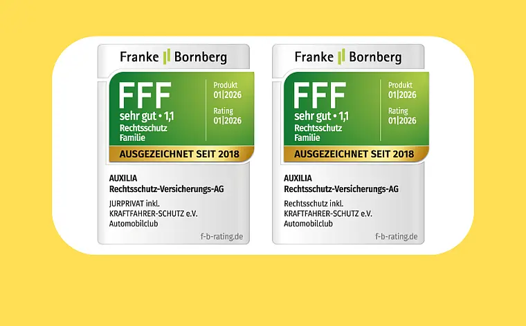 Siegel von Franke und Bornberg für JURPRIVAT und PBV-Rechtsschutz mit Bewertung Sehr Gut