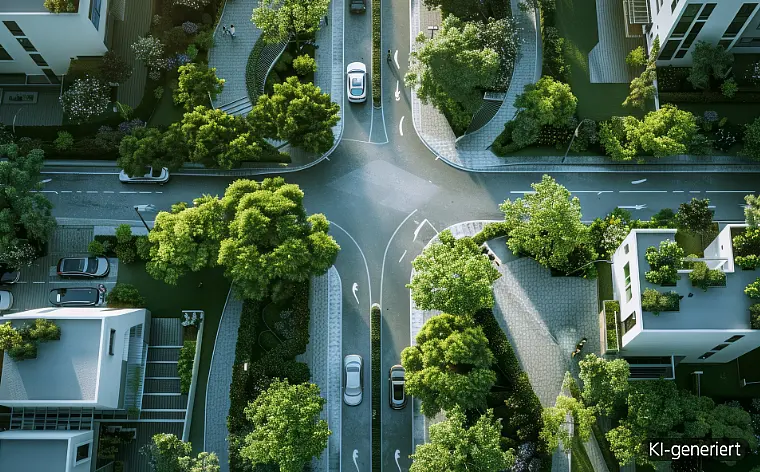 Konzept einer urbanen Straßenkreuzung mit vielen Grünpflanzen und Bäumen